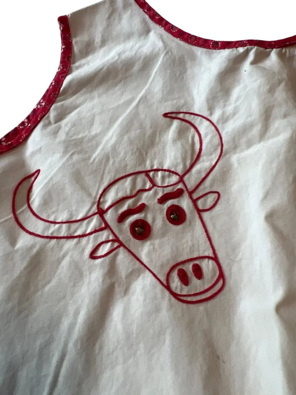 Vintage 60's Childs Shirt  With Bull Embroidery Red Trim White Cotton Strange